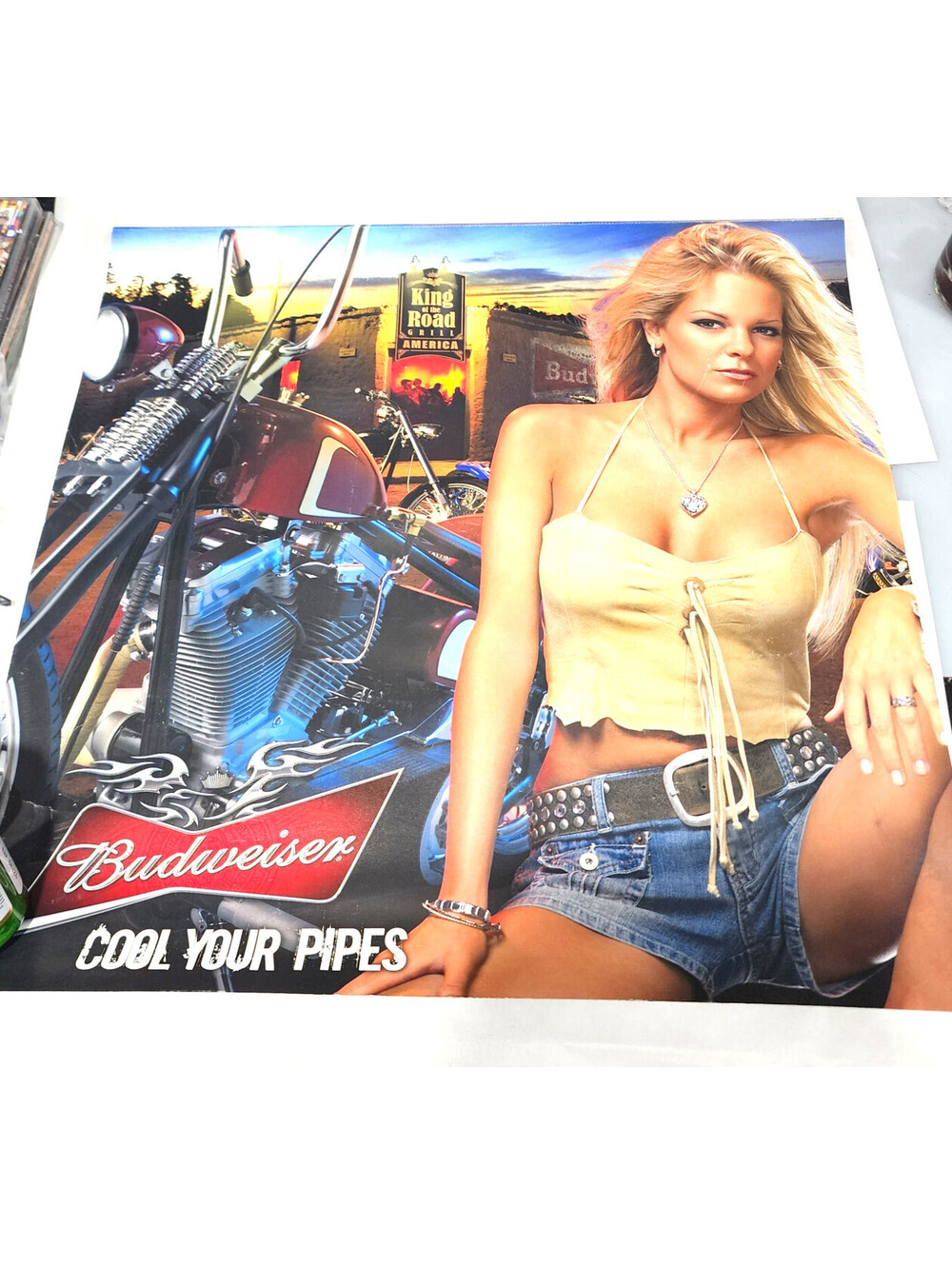 Lot of 2 Vintage Lg Budweiser Miller Genuine Draft Beer Motorcycle Biker Posters